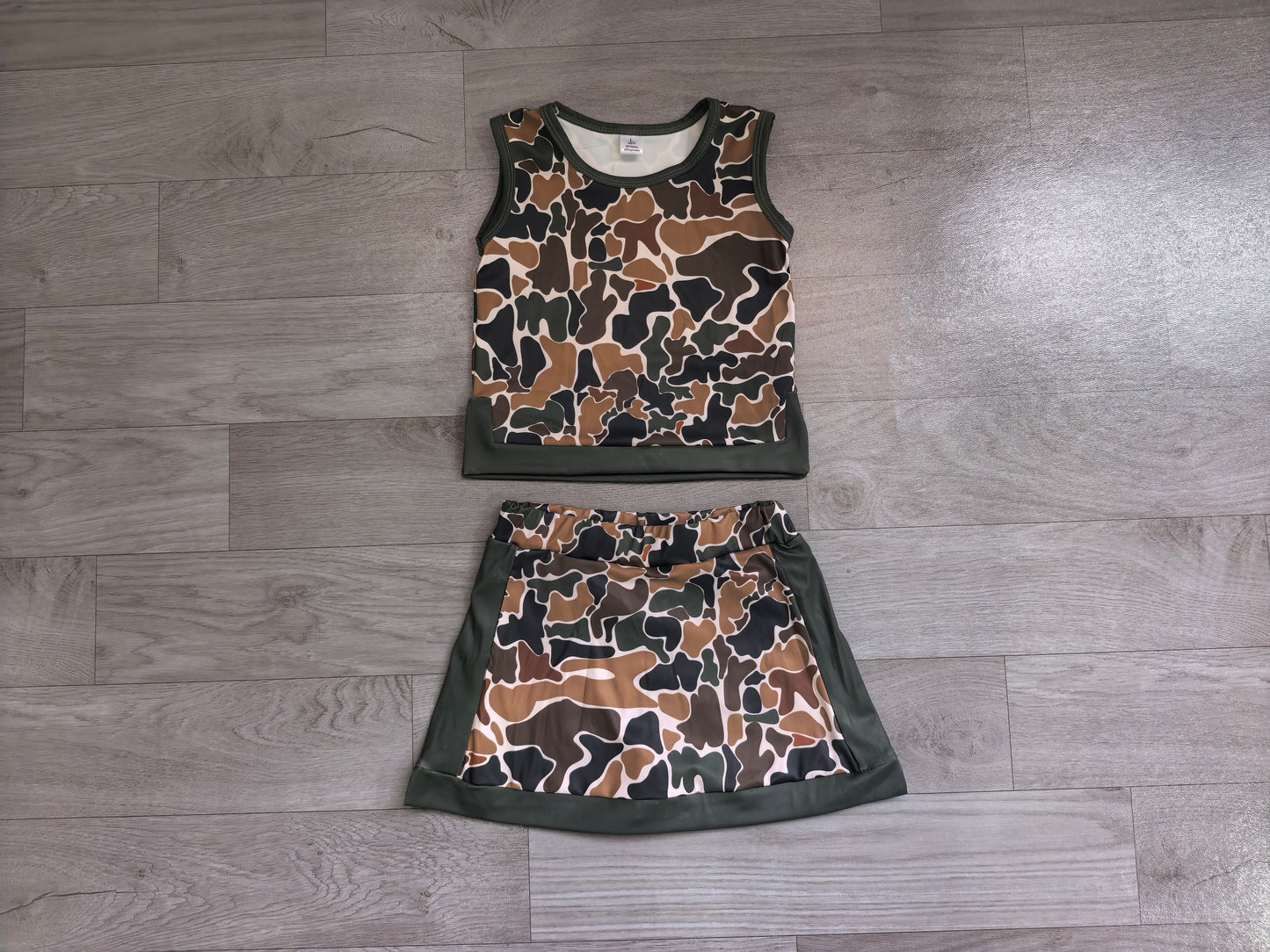 (Sample) No moq yoga fabric GSD4233 Yoga Baby Girls Dark Brown Camo Vest Cute Short Skort Yoga Sets