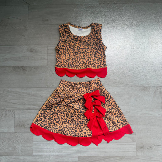 (Sample) No moq yoga fabric GSD4234 Yoga Baby Girls Leopard Print Bow Vest Top Matching Scallop Skort Two Piece Yoga Active Clothes Set