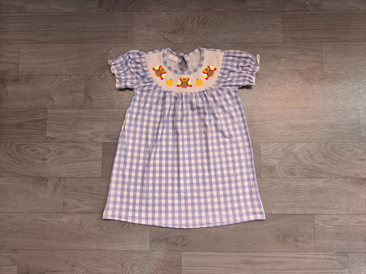 (Sample) No moq milk silk GSD4250 Smocked Baby Girls Short Ruffle Sleeve Turkey Thanksgiving Print Checked Knee Length Dress(3-6M-7-8T)