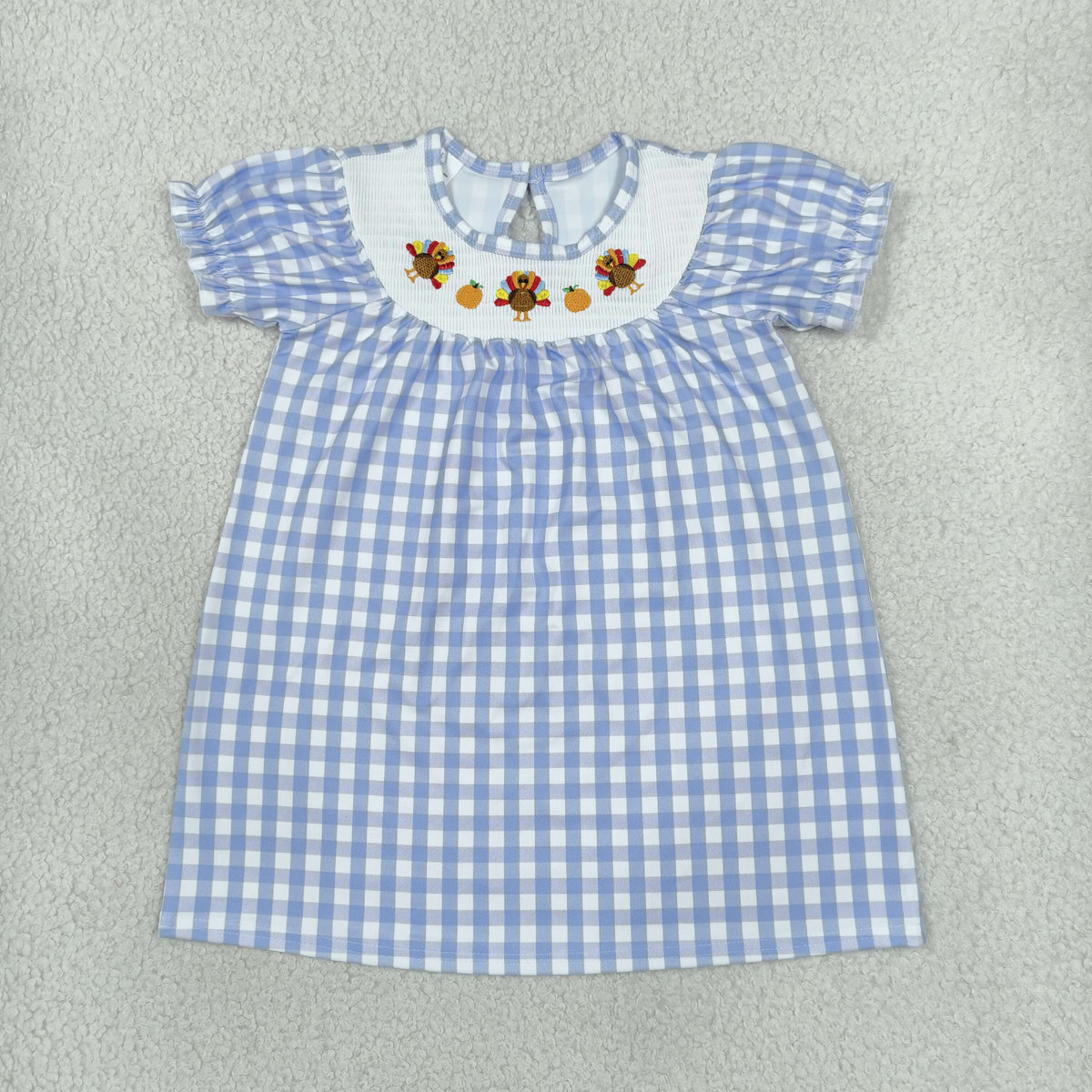 RTS NO MOQ Sibling milk silk Smocked Baby Girls Thanksgiving Turkey Embroidery Blue Gingham Romper And Dress Set