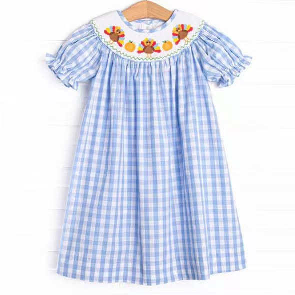 (Preorder new) No moq GSD4250 Baby Girls Short Ruffle Sleeve Turkey Thanksgiving Print Checked Knee Length Dress
