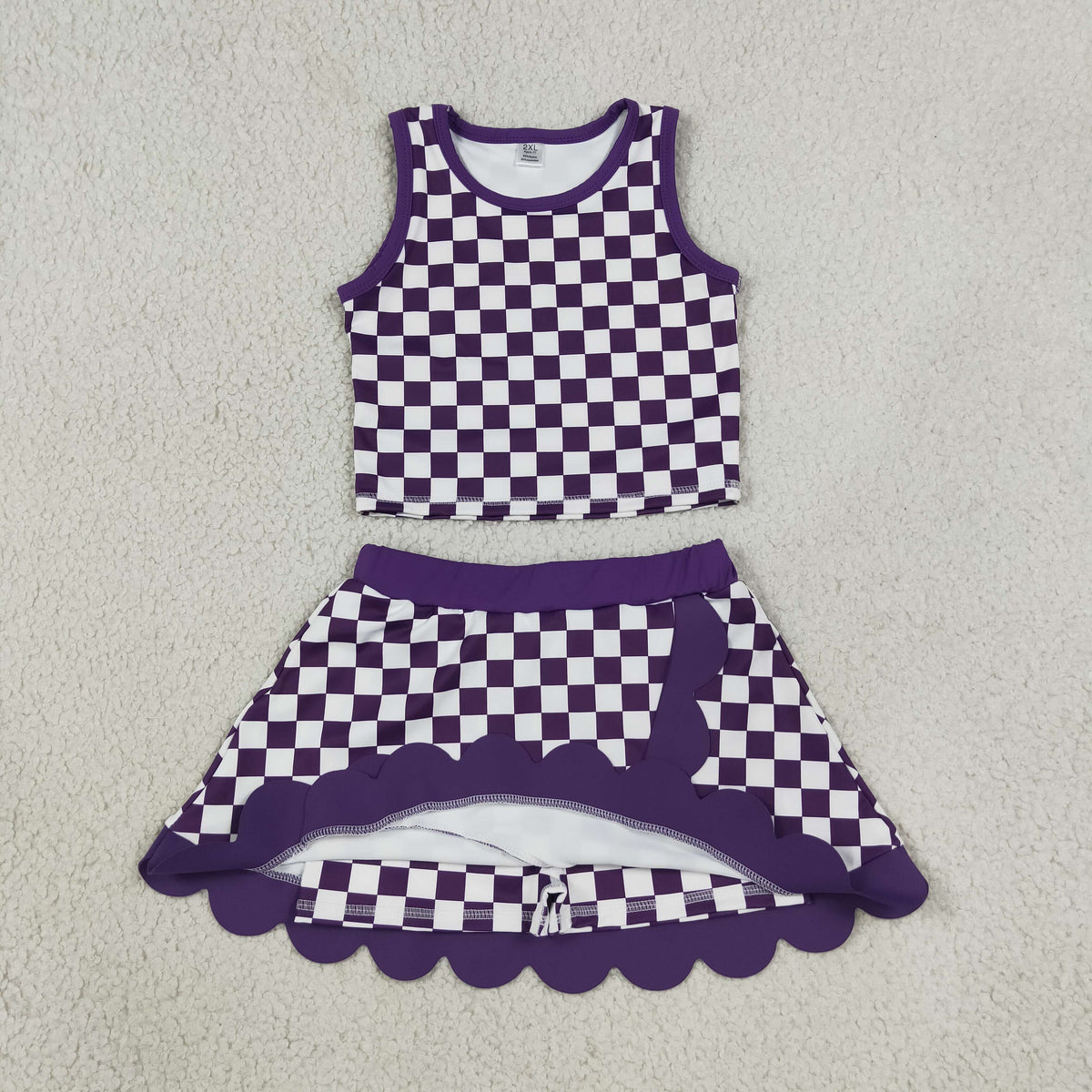 NEW RTS NO MOQ  yoga fabric GSD4251 Yoga Baby Girls Purple Plaid Scallop Trim Vest Skort Sports Active Set
