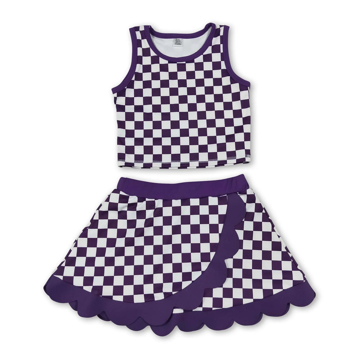 RTS NO MOQ Sibling yoga fabric Baby Girls Checkered Print Sleeveless Tank Top And Scalloped Wrap Skort Summer Yoga Set