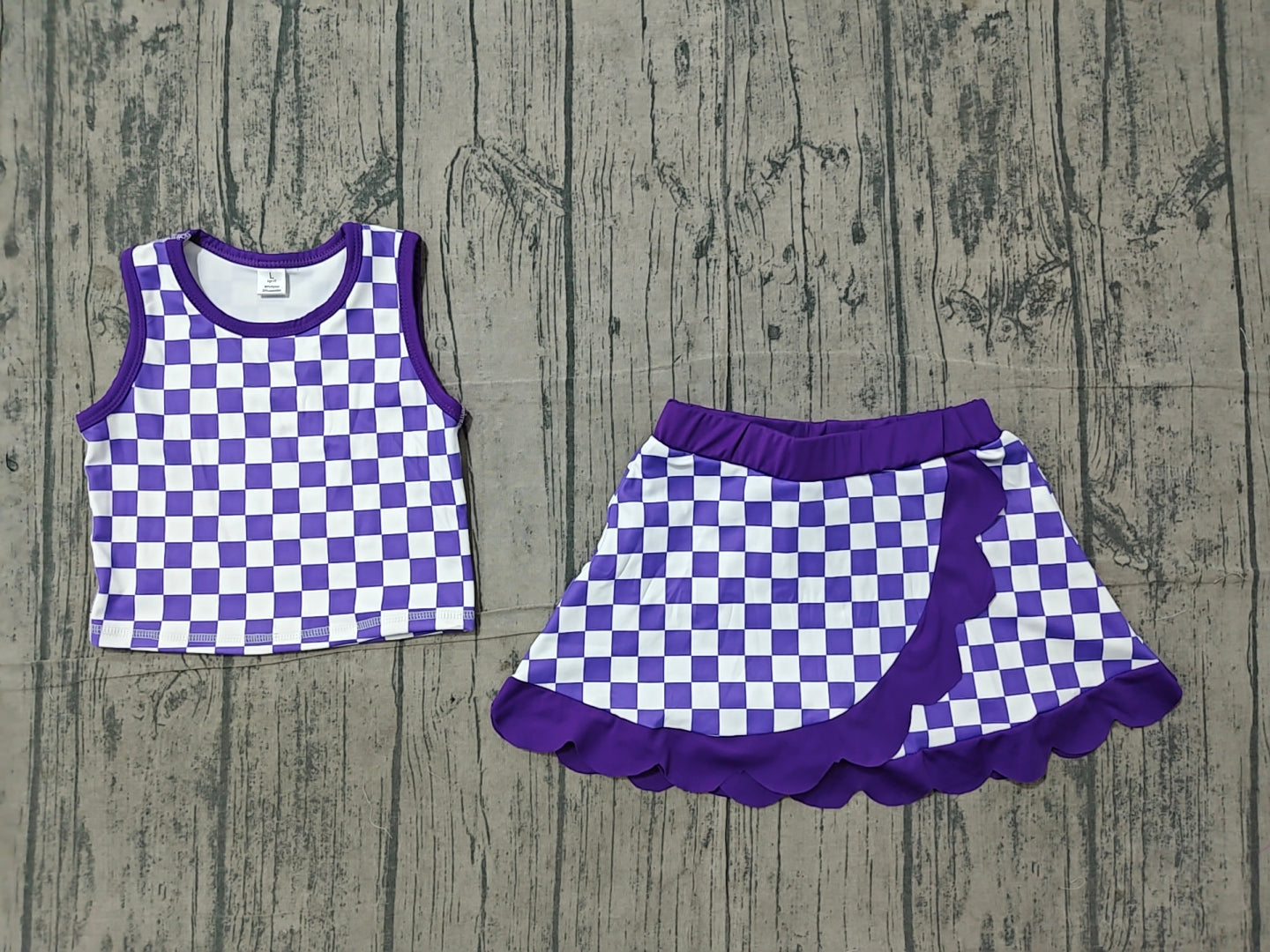 (Sample) No moq yoga GSD4251 Yoga Baby Girls Purple Plaid Scallop Trim Vest Skort Daily Sports Active Set