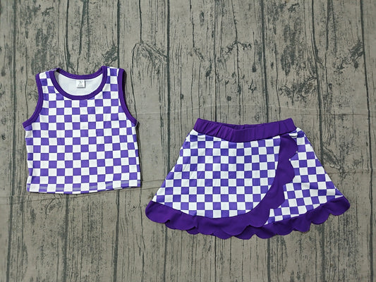 (Sample) No moq yoga GSD4251 Yoga Baby Girls Purple Plaid Scallop Trim Vest Skort Daily Sports Active Set