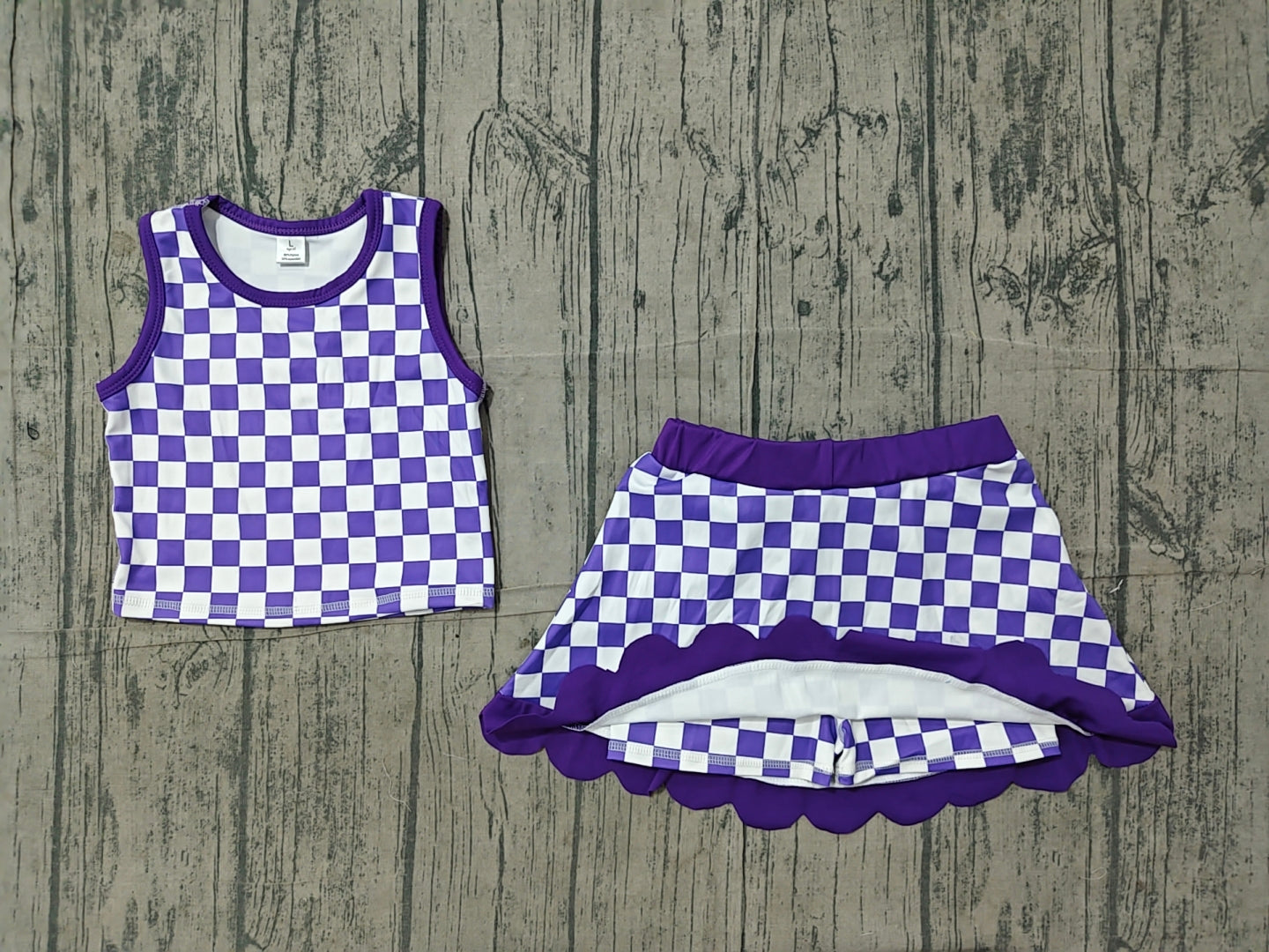 (Sample) No moq yoga GSD4251 Yoga Baby Girls Purple Plaid Scallop Trim Vest Skort Daily Sports Active Set