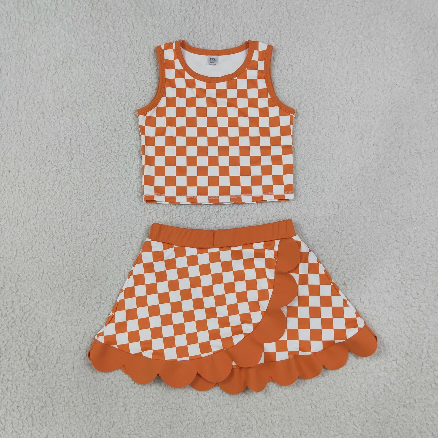NEW RTS NO MOQ yoga fabric GSD4252 Baby Girls Orange Check Scallop Edge Vest Skort Active Clothes Set