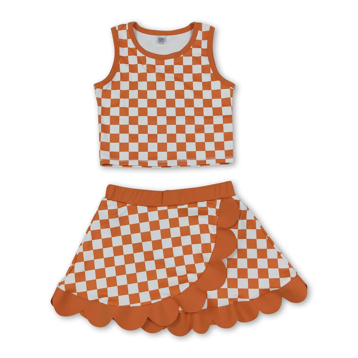 RTS NO MOQ Sibling yoga fabric Baby Girls Checkered Print Sleeveless Tank Top And Scalloped Wrap Skort Summer Yoga Set
