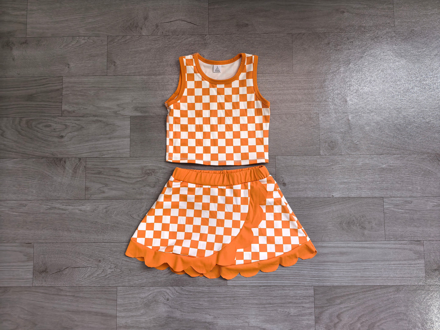 (Sample) No moq yoga fabric GSD4252 Baby Girls Orange Check Scallop Edge Vest Skort Active Sets