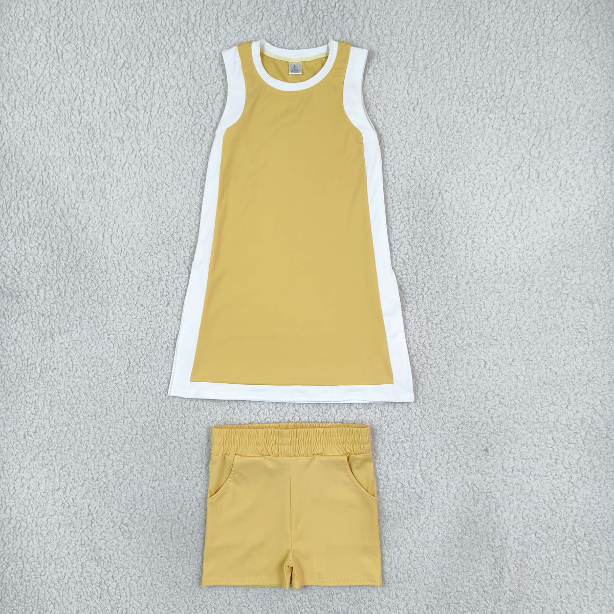 NEW RTS NO MOQ yoga fabric cotton GSD4254+SS0959 Yoga Separate Shorts Baby Girls Yellow Sleeveless Top Split Hem Short Yoga Skirt Set