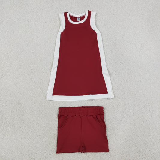 NEW RTS NO MOQ yoga fabric cotton GSSO3848(GSD4257+SS0962) Yoga Separate Shorts Baby Girls White Maroon Sleeveless Top Split Hem Short Yoga Skirt Set