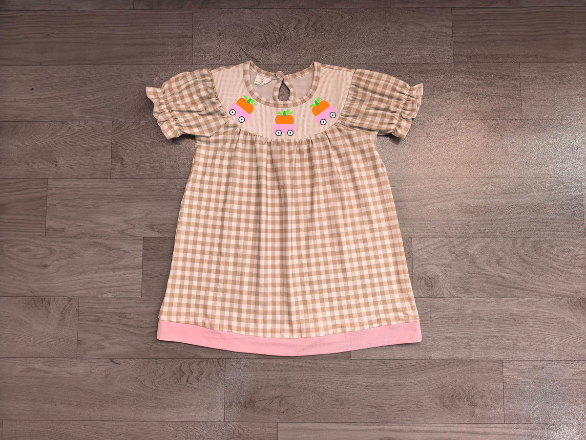 (Sample) No moq milk silk GSD4258 Smocked Baby Girls Khaki Checked Pumpkins Trucks Fall Knee Length Dresses(3-6M-7-8T)