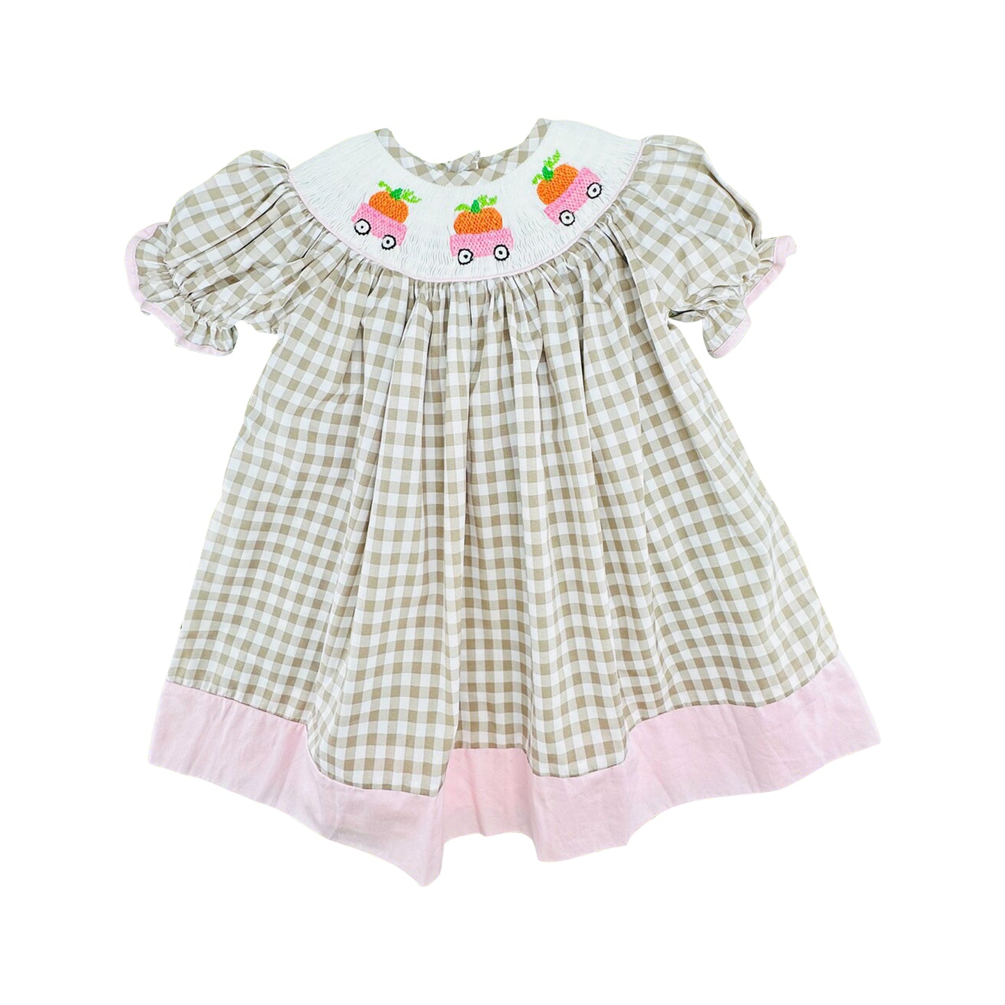 (Pre Order) No moq Baby Girls Khaki Checked Pumpkin Truck Print Long Sleeve Ruffle Knee Length Dresses Rompers