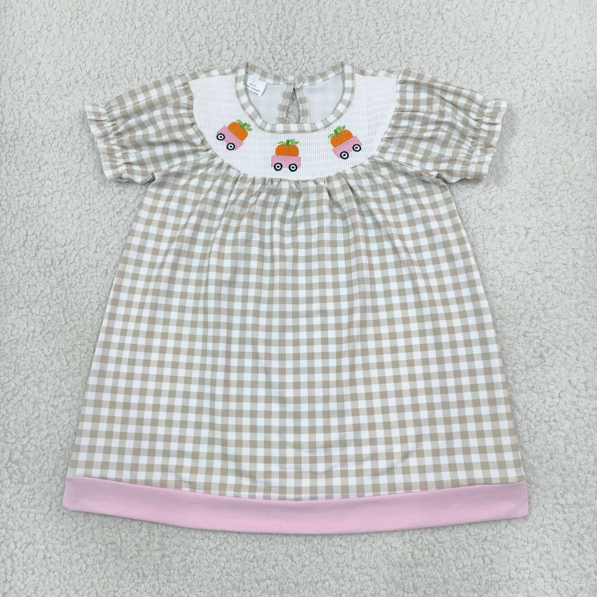 NEW RTS NO MOQ milk silk GSD4258 Smocked Baby Girls Khaki Checked Pumpkins Trucks Fall Short Sleeve Knee Length Dresses(3-6M-7-8T)（副本）