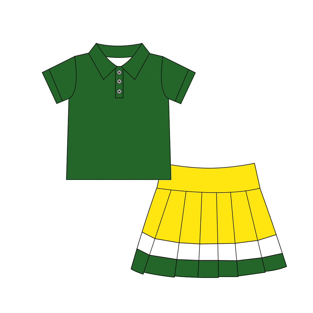 (Preorder new) No moq GSD4261 Yoga Baby Girls Solid Green Lapel Button Polo Elastic Waist Pleated Skort Two Piece Athletic Outfit