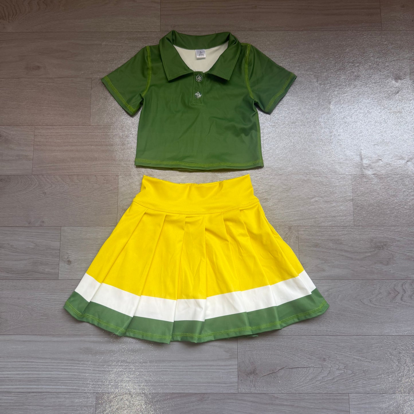 (Sample) No moq yoga fabric cotton GSD4261 Yoga Baby Girls Solid Green Lapel Button Polo Elastic Waist Pleated Skort Two Piece Athletic Outfit