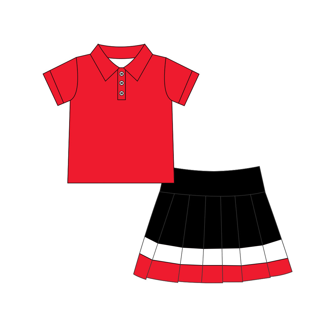 (Preorder new) No moq GSD4262 Yoga Baby Girls Solid Red Lapel Button Polo Elastic Waist Pleated Skort Two Piece Athletic Outfit