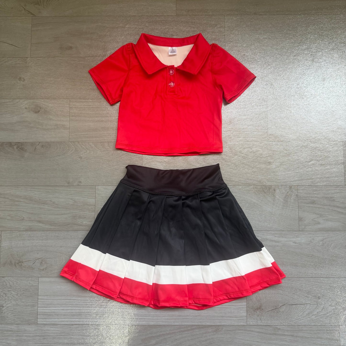 (Sample) No moq yoga fabric cotton GSD4262 Yoga Baby Girls Solid Red Lapel Button Polo Elastic Waist Pleated Skort Two Piece Athletic Outfit