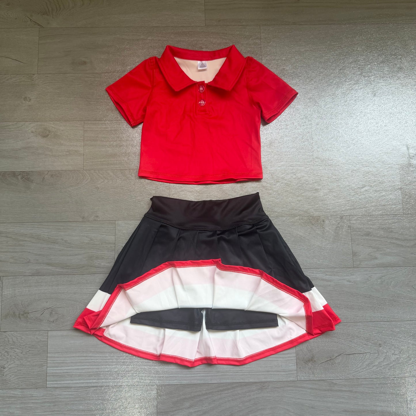 (Sample) No moq yoga fabric cotton GSD4262 Yoga Baby Girls Solid Red Lapel Button Polo Elastic Waist Pleated Skort Two Piece Athletic Outfit