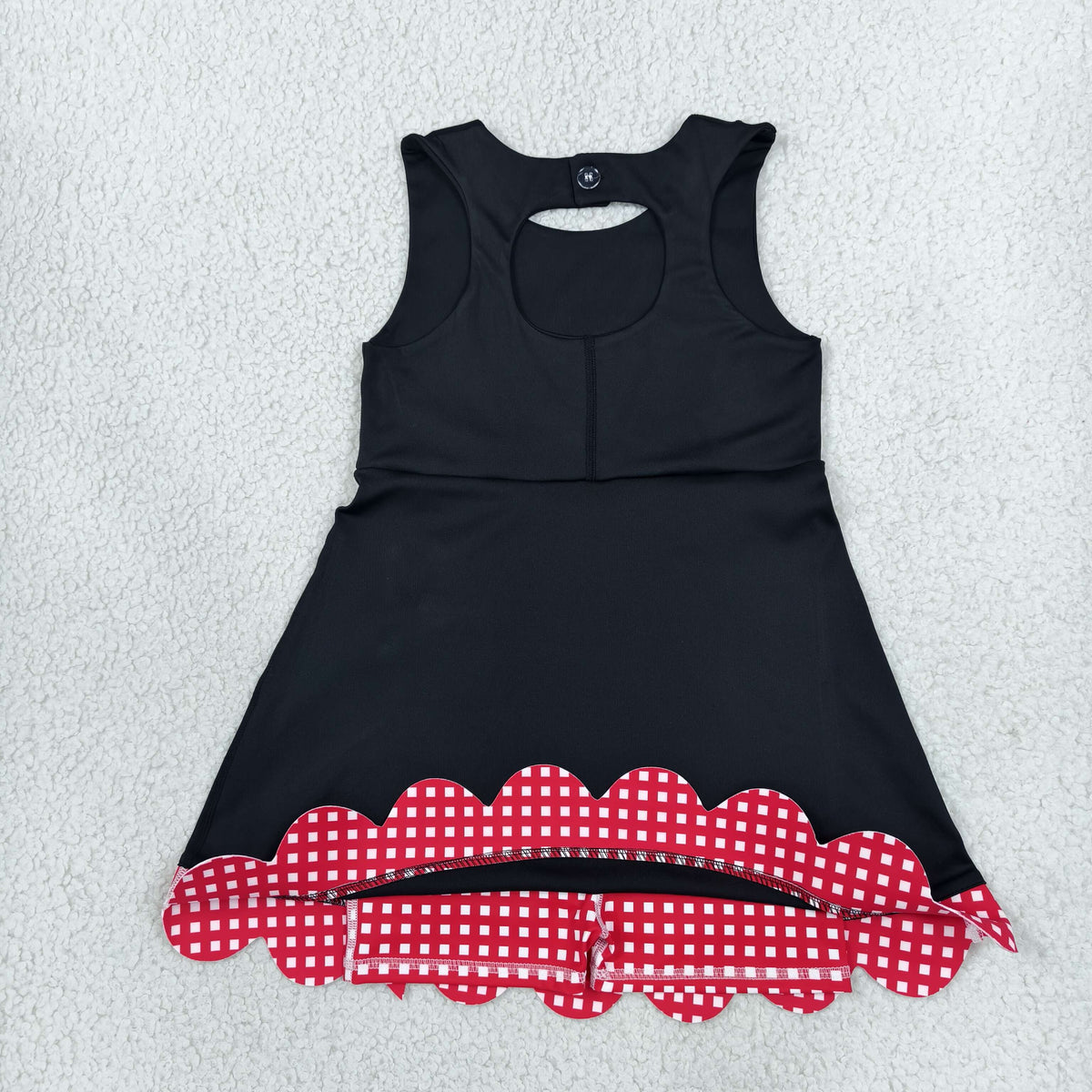 NEW RTS NO MOQ yoga fabric GSD4263 Yoga Baby Girls Black Red Scallop Trim Short Sleeve Knee Length Dress