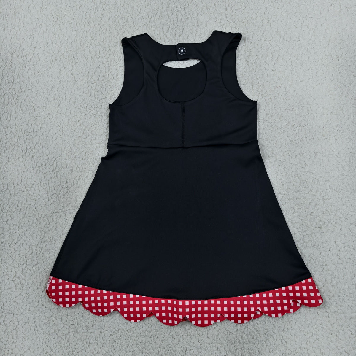 NEW RTS NO MOQ yoga fabric GSD4263 Yoga Baby Girls Black Red Scallop Trim Short Sleeve Knee Length Dress