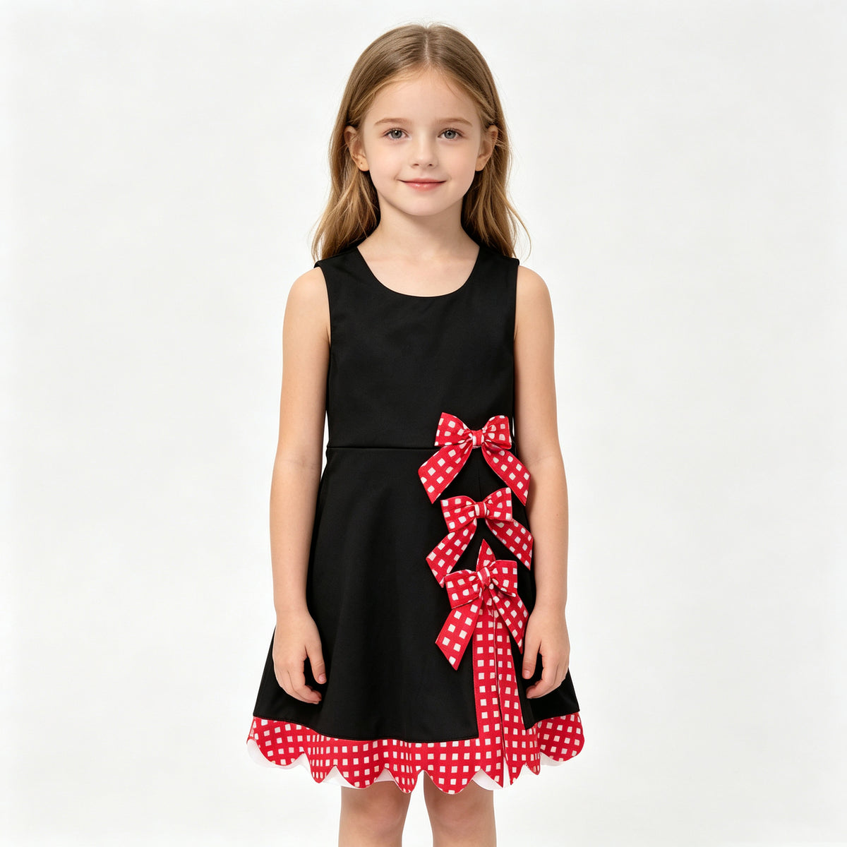 (Sample) No moq yoga fabric GSD4263 Yoga Baby Girls Black Red Scallop Trim Short Sleeve Knee Length Sport Dress