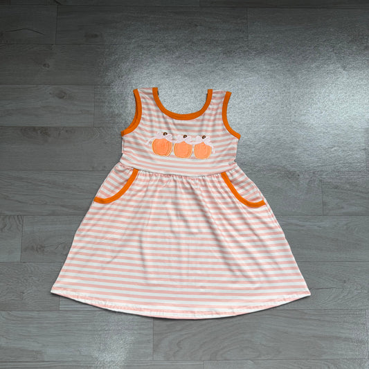 (Sample) No moq milk silk GSD4265 Embroidery Baby Girls Bow Pumpkin Print Stripe Long Sleeve Pocket Knee Length Dress