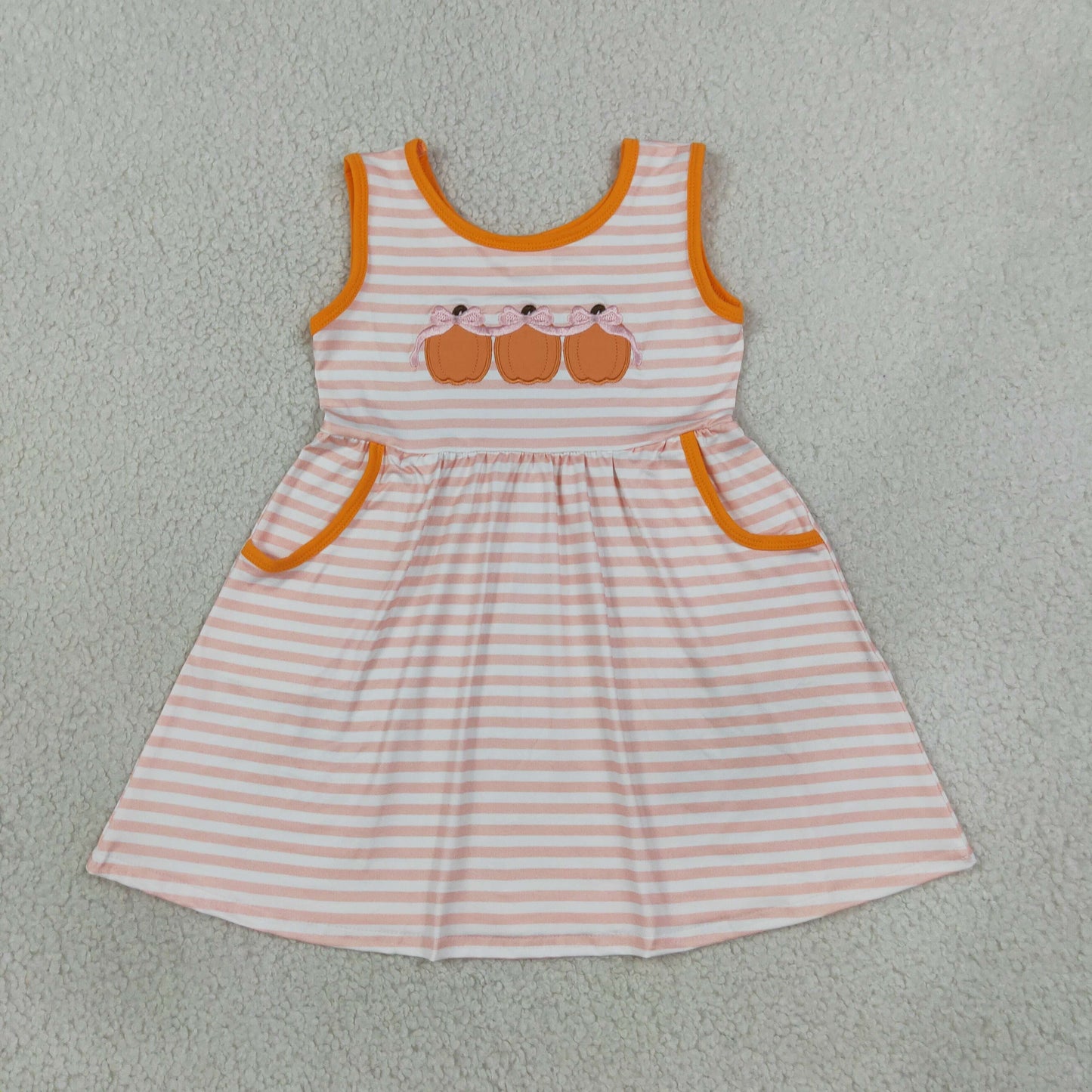 NEW RTS NO MOQ milk silk GSD4265 Embroidery Baby Girls Bow Pumpkin Print Stripe Pocket Sleeveless Knee Length Dress