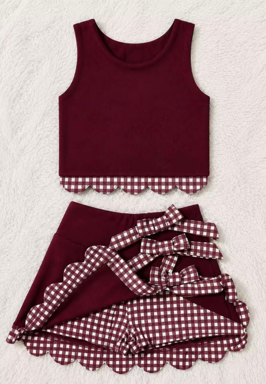 (Preorder new) No moq GSD4266 Yoga Baby Girls Cute Bow Maroon Vest Scallop Edge Skort Set
