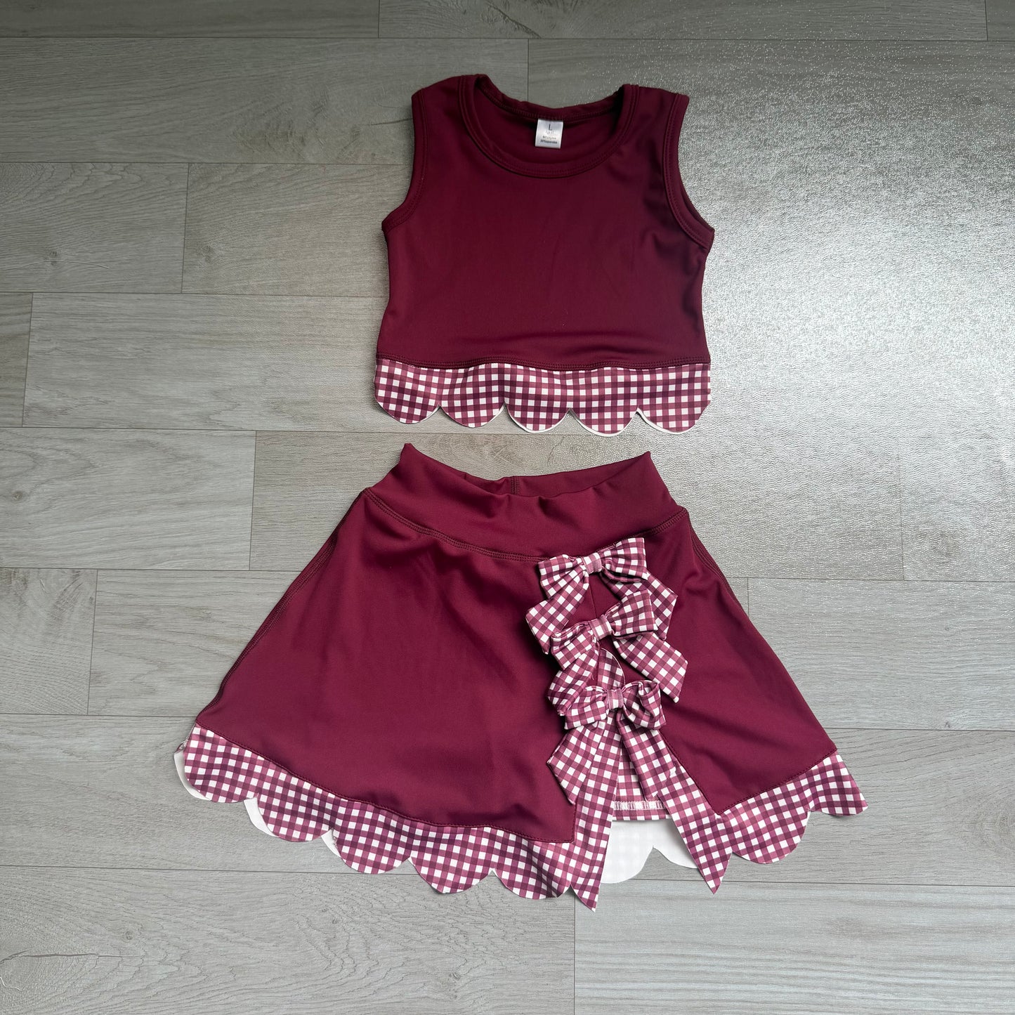 (Sample) No moq yoga fabric GSD4266 Yoga Baby Girls Cute Bow Maroon Vest Scallop Edge Skort Set