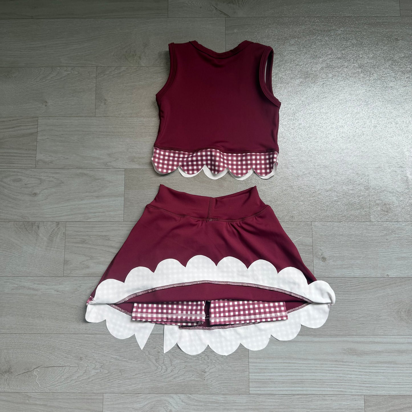 (Sample) No moq yoga fabric GSD4266 Yoga Baby Girls Cute Bow Maroon Vest Scallop Edge Skort Set
