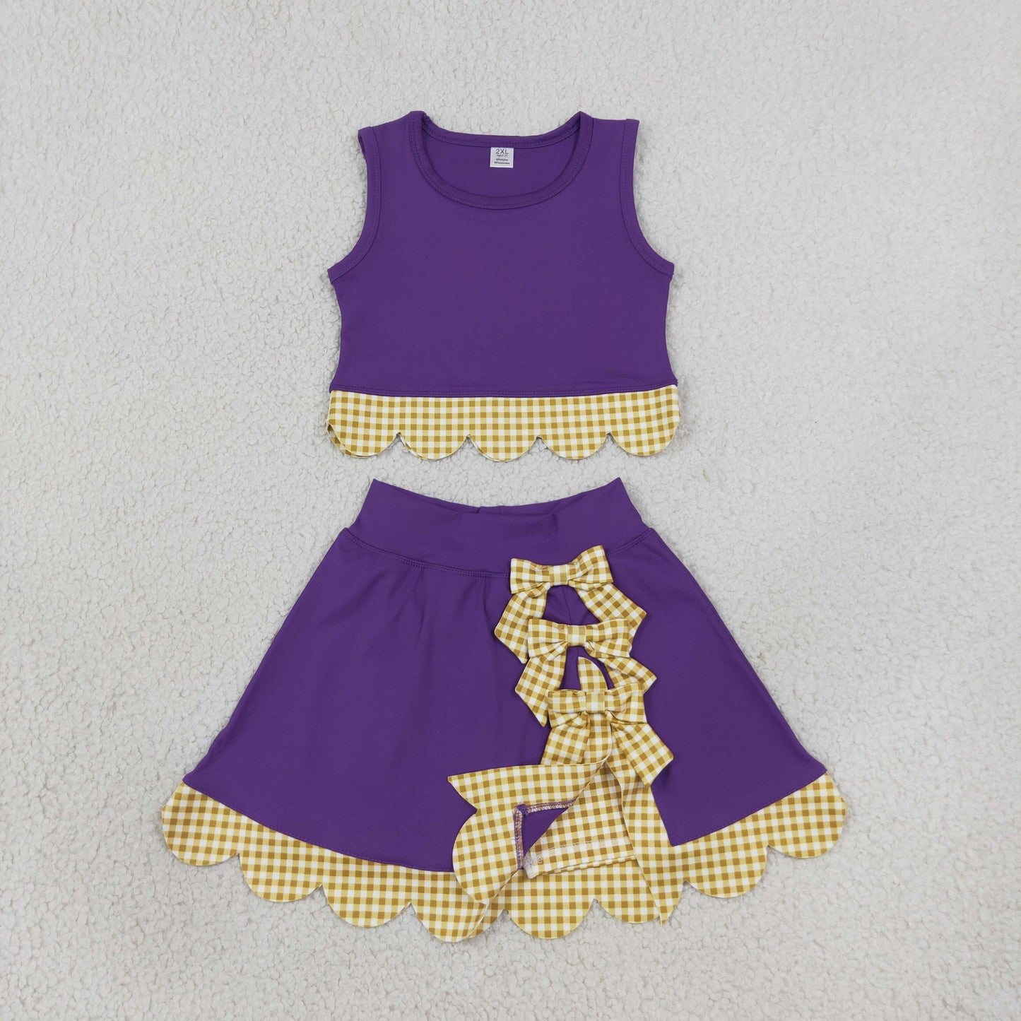 NEW RTS NO MOQ yoga fabric GSD4267 Yoga Baby Girls Purple Yellow Vest Bows Skirt Short Yoga Active Scallop Set