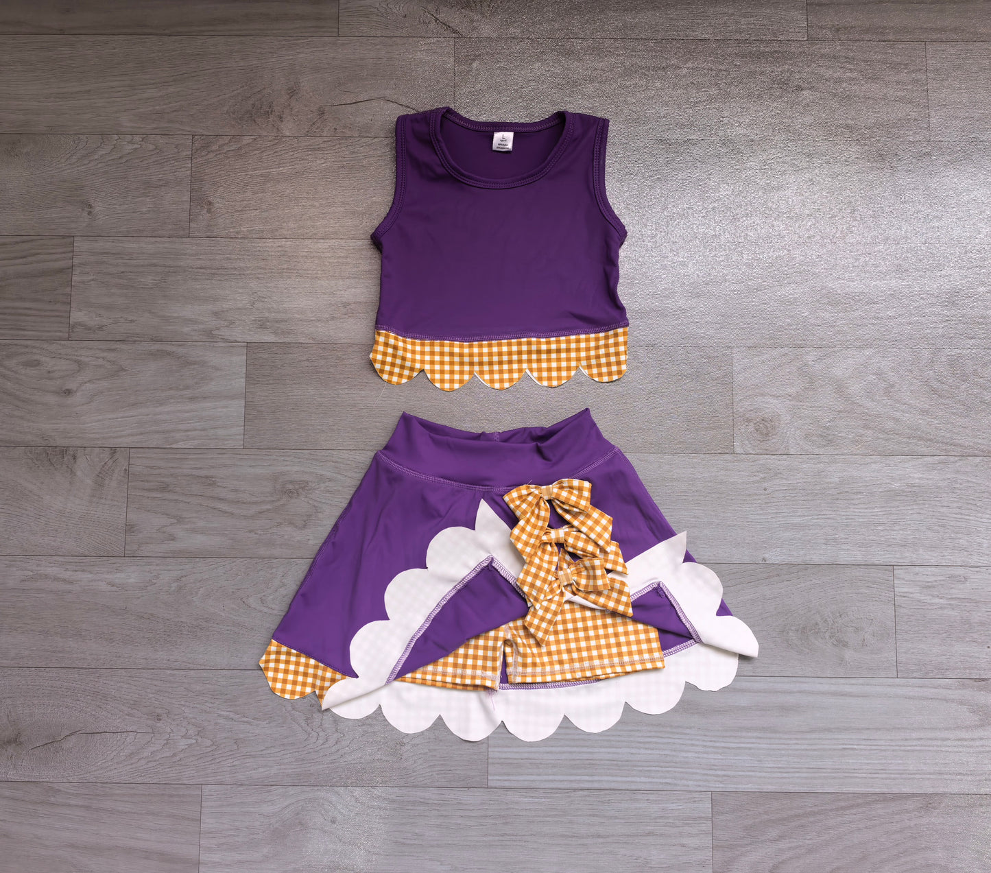 (Sample) No moq yoga fabric GSD4267 Yoga Baby Girls Purple Yellow Vest Bows Skirt Short Yoga Active Scallop Clothes Set