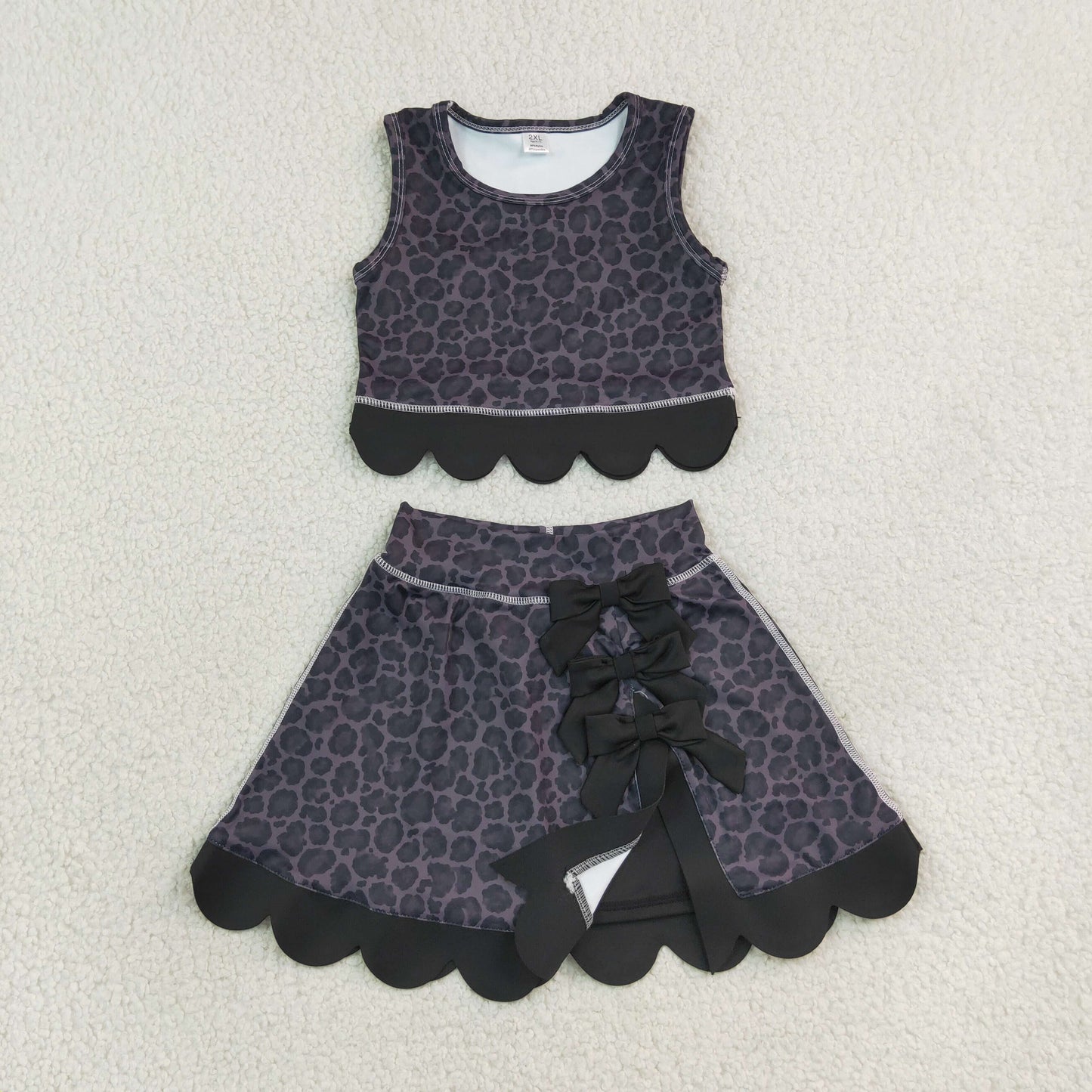 NEW RTS NO MOQ yoga fabric GSD4268 Baby Girls Black Leopard Print Vest Bows Skirt Short Yoga Active Scallop Outfit