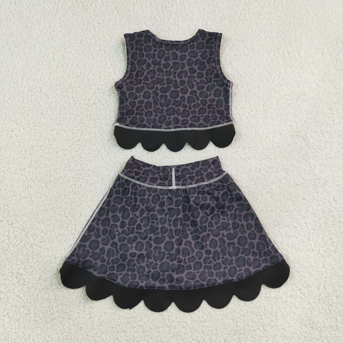 NEW RTS NO MOQ yoga fabric GSD4268 Baby Girls Black Leopard Print Vest Bows Skirt Short Yoga Active Scallop Outfit