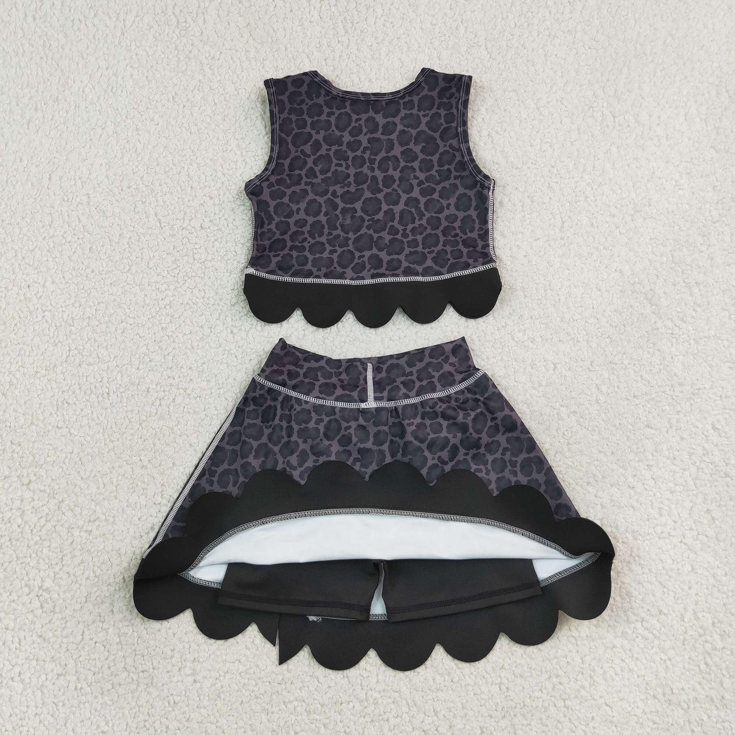 NEW RTS NO MOQ yoga fabric GSD4268 Baby Girls Black Leopard Print Vest Bows Skirt Short Yoga Active Scallop Outfit