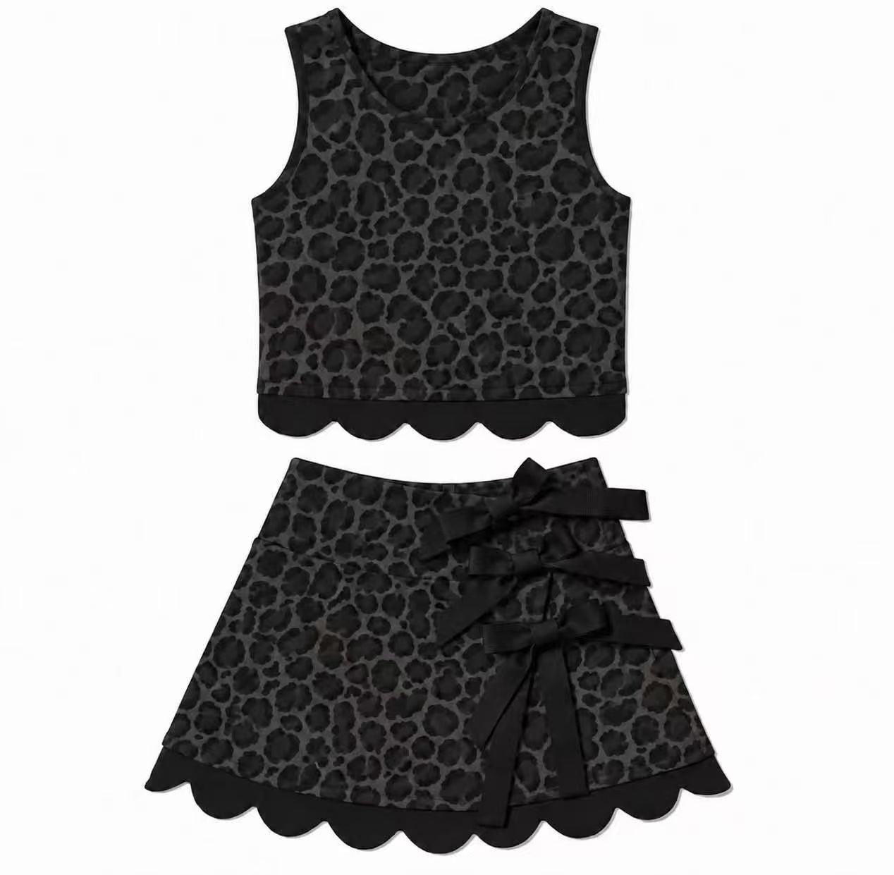 (Preorder new) No moq GSD4268 Baby Girls Black Leopard Bow Sleeveless Tank Scallop Hem Skort  Set