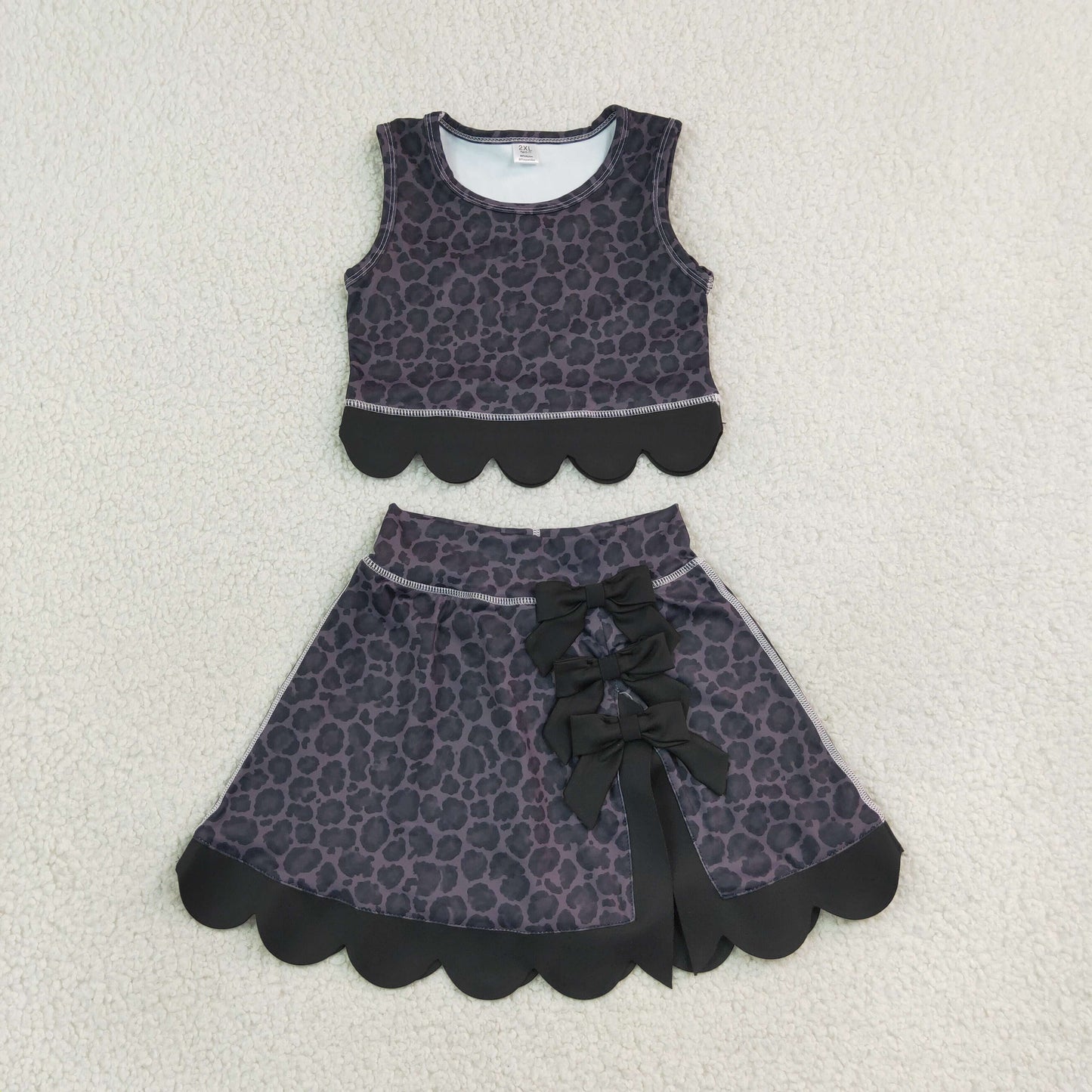 NEW RTS NO MOQ yoga fabric GSD4268 Baby Girls Black Leopard Print Vest Bows Skirt Short Yoga Active Scallop Outfit