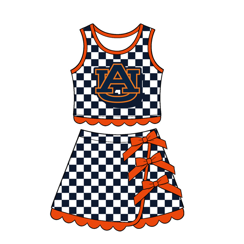 (Preorder new) No moq Baby Girls Checked Print Bow Top Scallop Hem Short Skirt Clothes Set