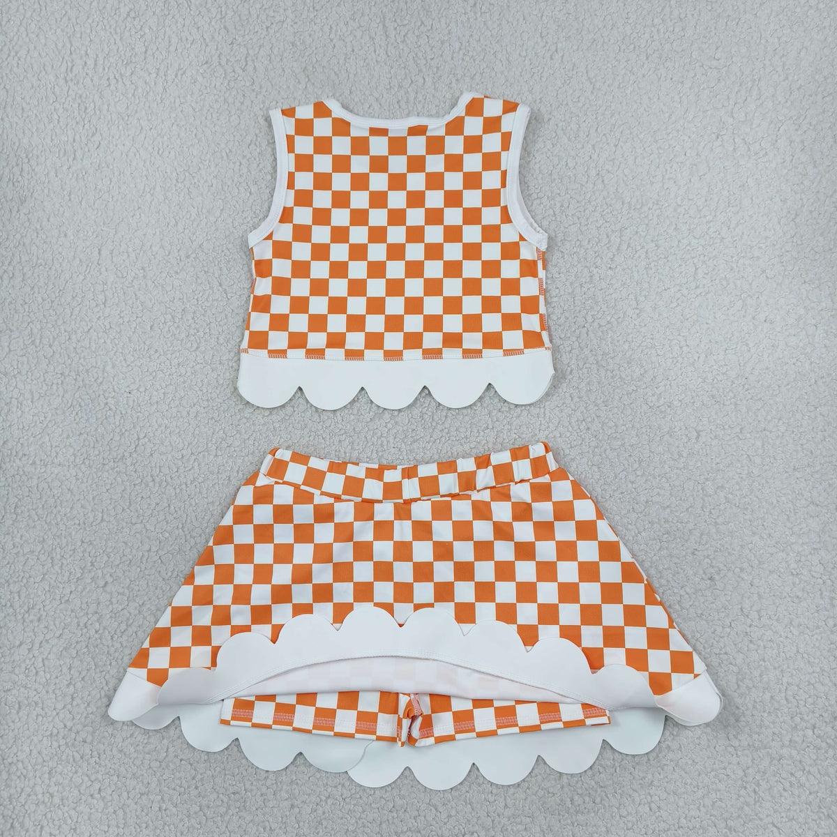 NEW RTS NO MOQ yoga fabric GSD4282 Yoga Baby Girls Orange Checked Bows Scallop Trim Skirt Short Yoga Active Team Outfit Set