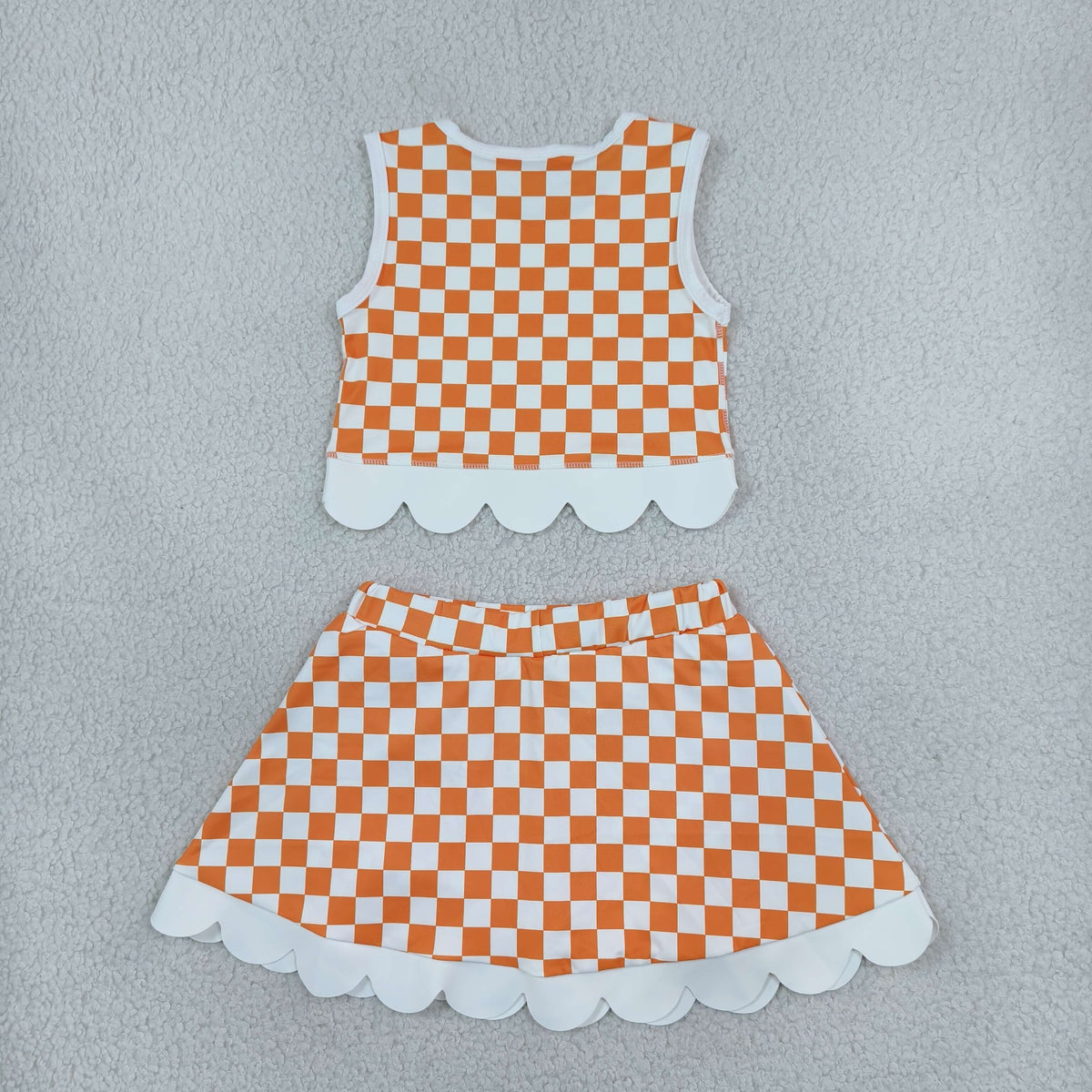NEW RTS NO MOQ yoga fabric GSD4282 Yoga Baby Girls Orange Checked Bows Scallop Trim Skirt Short Yoga Active Team Outfit Set