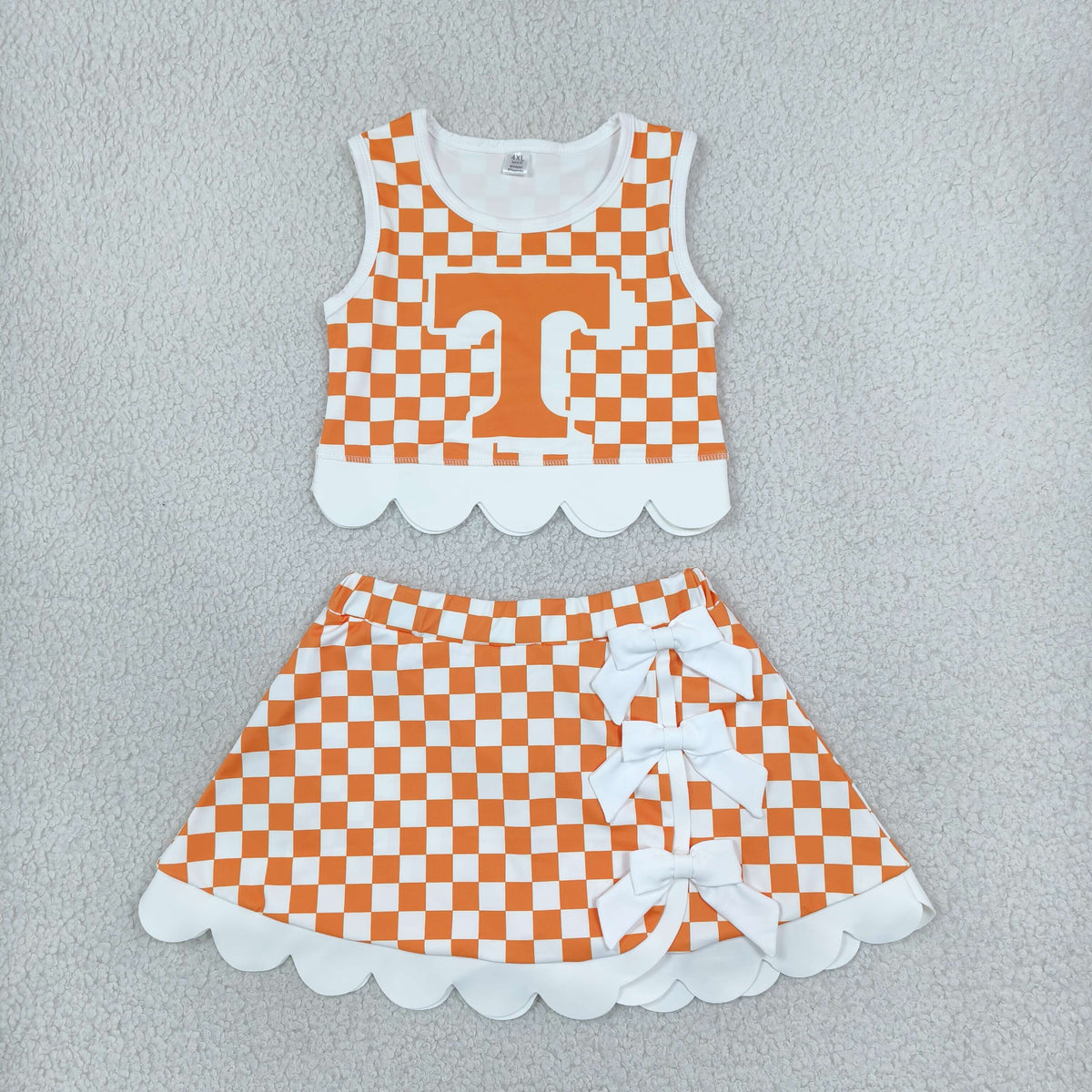 RTS NO MOQ Sibling yoga fabric Baby Girls Checked Print Bow Top Scallop Hem Short Skirt Team Set