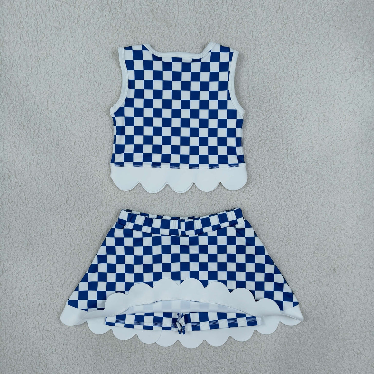 NEW RTS NO MOQ yoga fabric GSD4283 Yoga Baby Girls Blue Checked Sleeveless Vest Bows Skirt Short Scallop Yoga Set