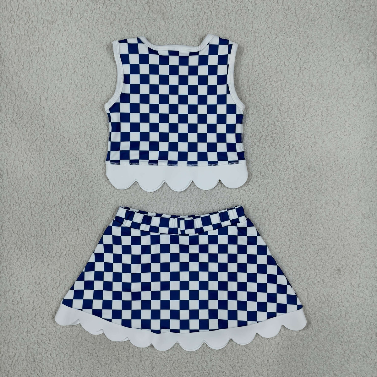 NEW RTS NO MOQ yoga fabric GSD4283 Yoga Baby Girls Blue Checked Sleeveless Vest Bows Skirt Short Scallop Yoga Set