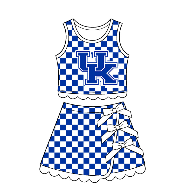 (Preorder new) No moq Baby Girls Checked Print Bow Top Scallop Hem Short Skirt Clothes Set