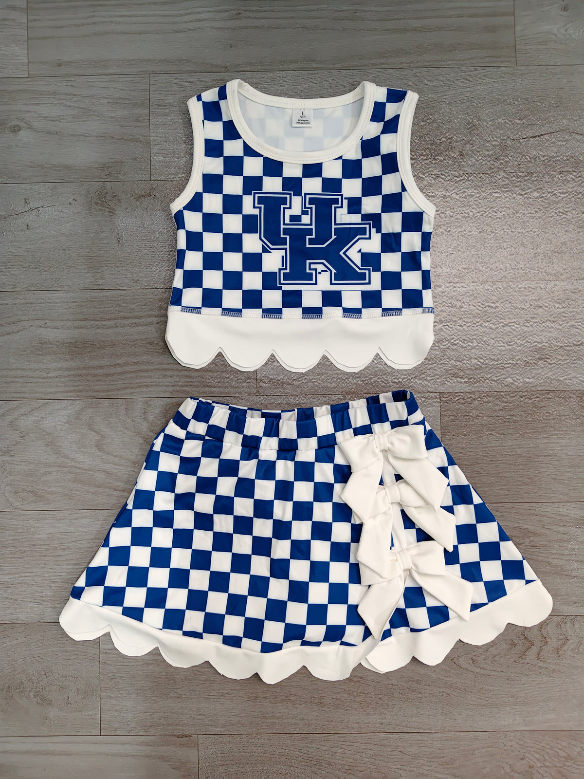 (Sample) No moq yoga fabric GSD4283 Yoga Baby Girls Blue Checked Vest Bows Skirt Short Scallop Yoga Set