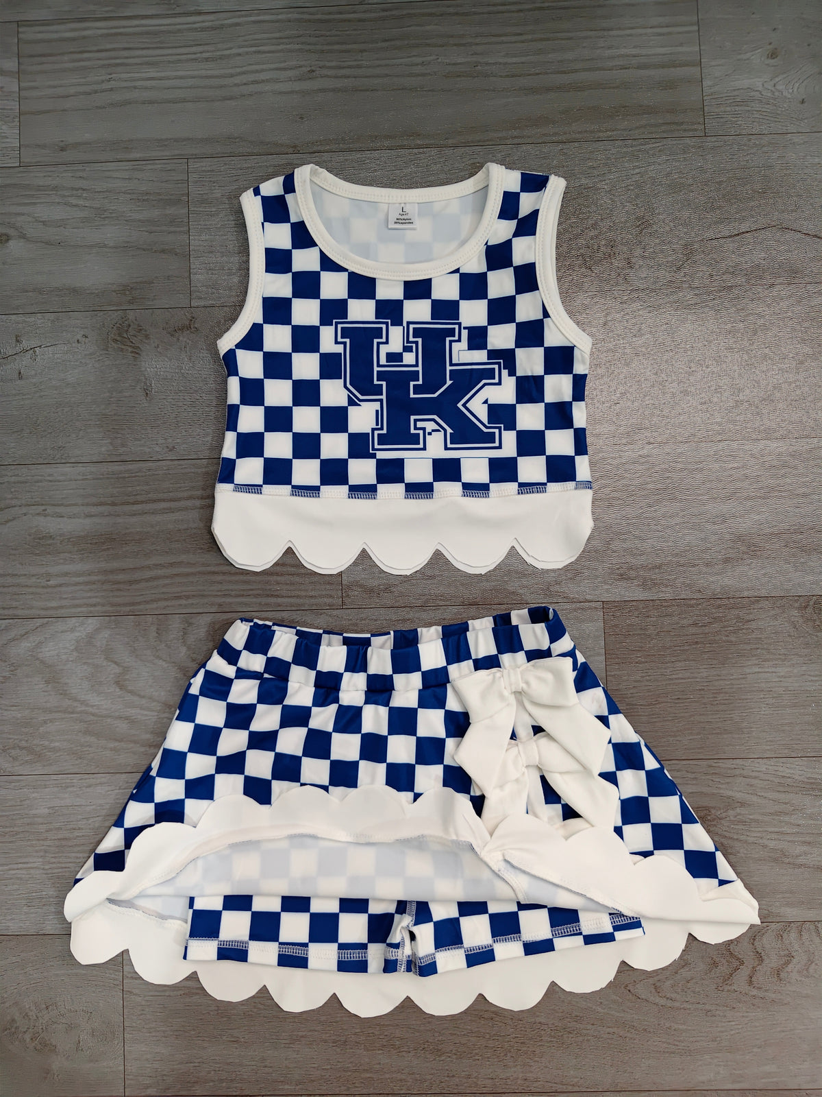 (Sample) No moq yoga fabric GSD4283 Yoga Baby Girls Blue Checked Vest Bows Skirt Short Scallop Yoga Set