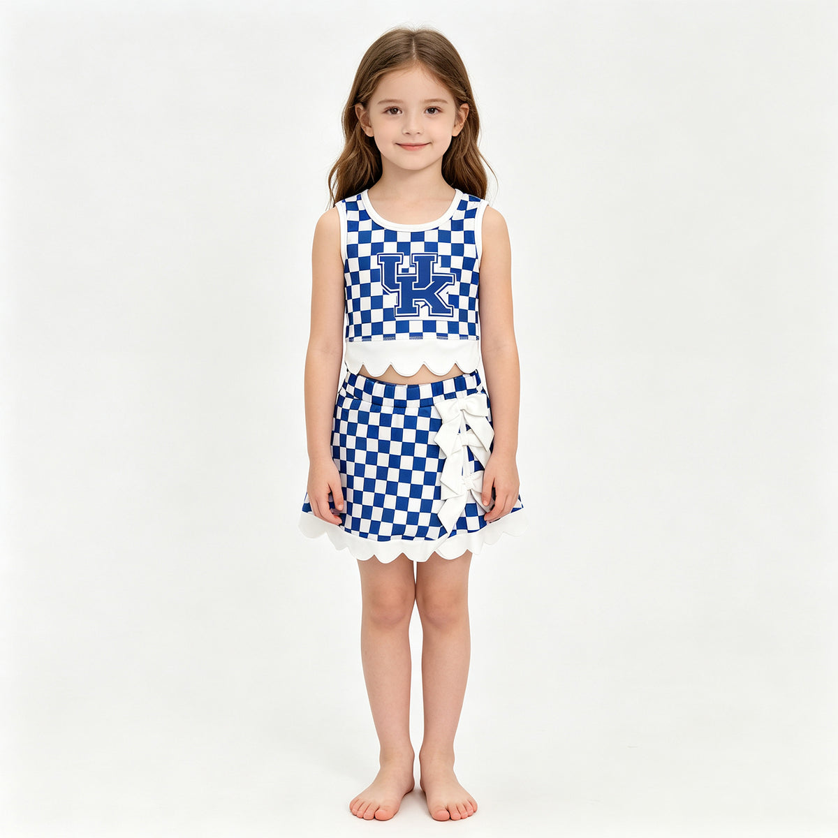 (Sample) No moq yoga fabric GSD4283 Yoga Baby Girls Blue Checked Vest Bows Skirt Short Scallop Yoga Set