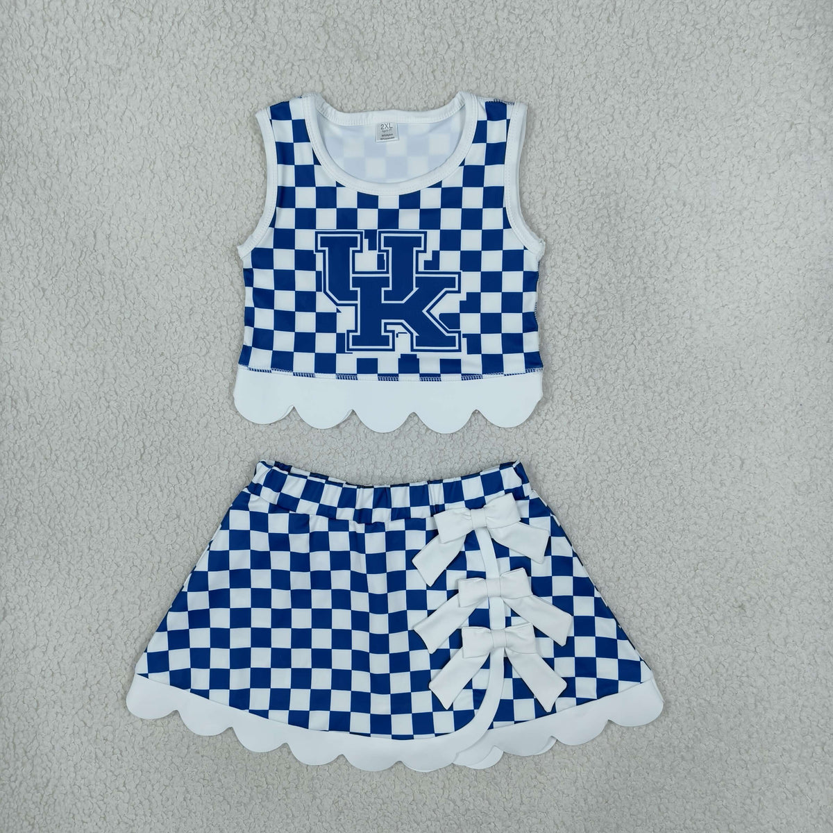NEW RTS NO MOQ yoga fabric GSD4283 Yoga Baby Girls Blue Checked Sleeveless Vest Bows Skirt Short Scallop Yoga Set
