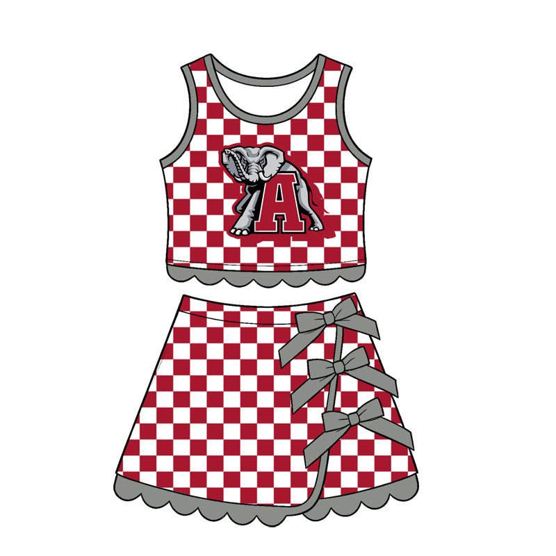 (Preorder new) No moq Baby Girls Checked Print Bow Top Scallop Hem Short Skirt Clothes Set